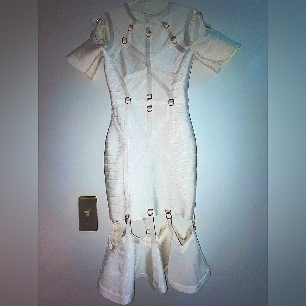 White bandage cut out dress with gold metal